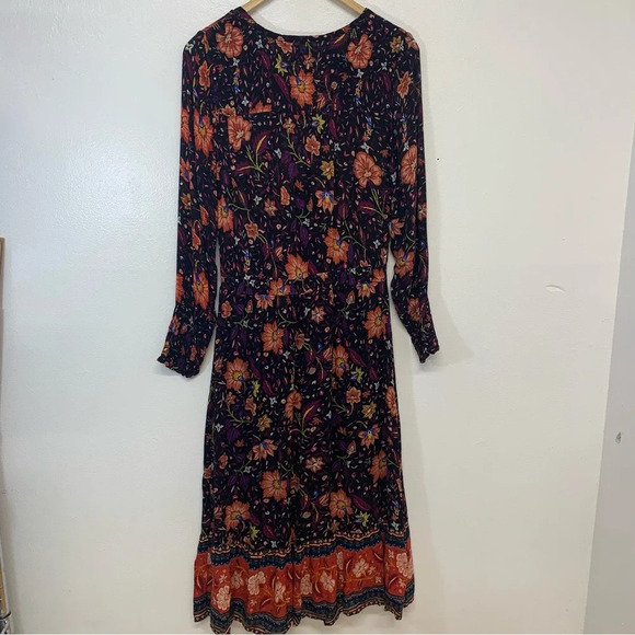 Old Navy Dark Floral Midi Dress Small  Gauzy Cinch Ruffle Fairy Grunge Work Boho - Picture 7 of 11